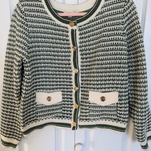 Nanette Lepore Green and Cream Button-Up Cardigan